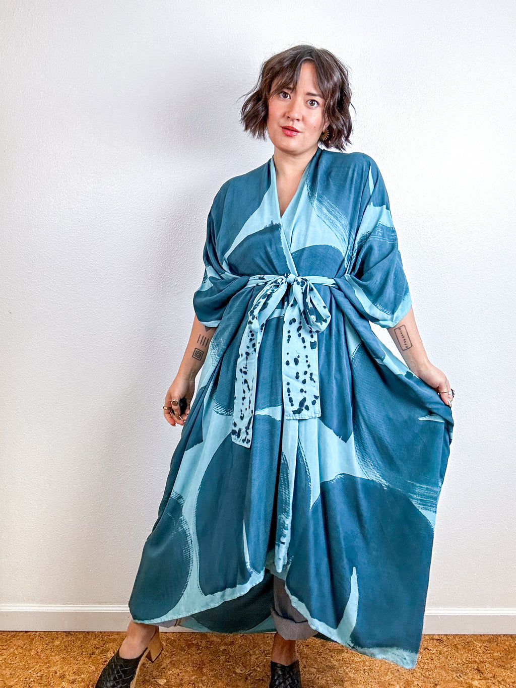 Hand-Dyed High Low Kimono Aqua Teal Arc