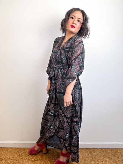 Print High Low Kimono Black Magenta Geo Chiffon