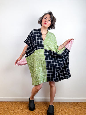 Oversized Windowpane Seersucker Smock Dress Black Sage