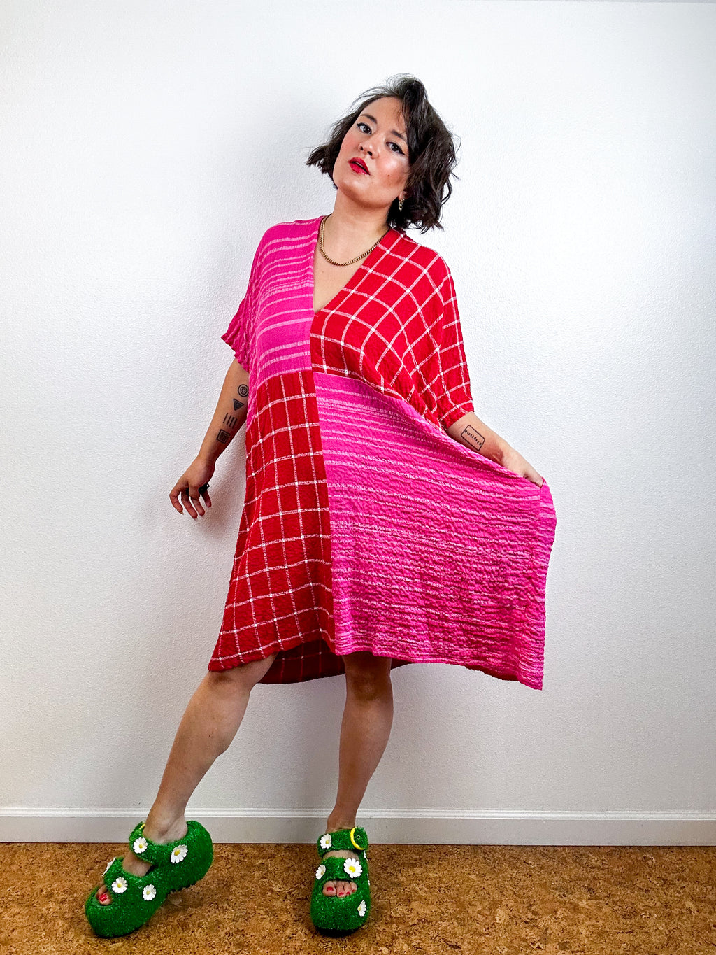 Oversized Windowpane Seersucker Smock Dress Pink Red