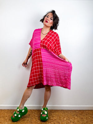 Oversized Windowpane Seersucker Smock Dress Pink Red