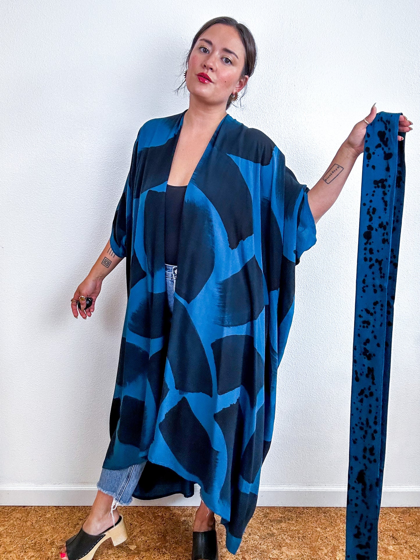 Hand-Dyed High Low Kimono Teal Black Brush