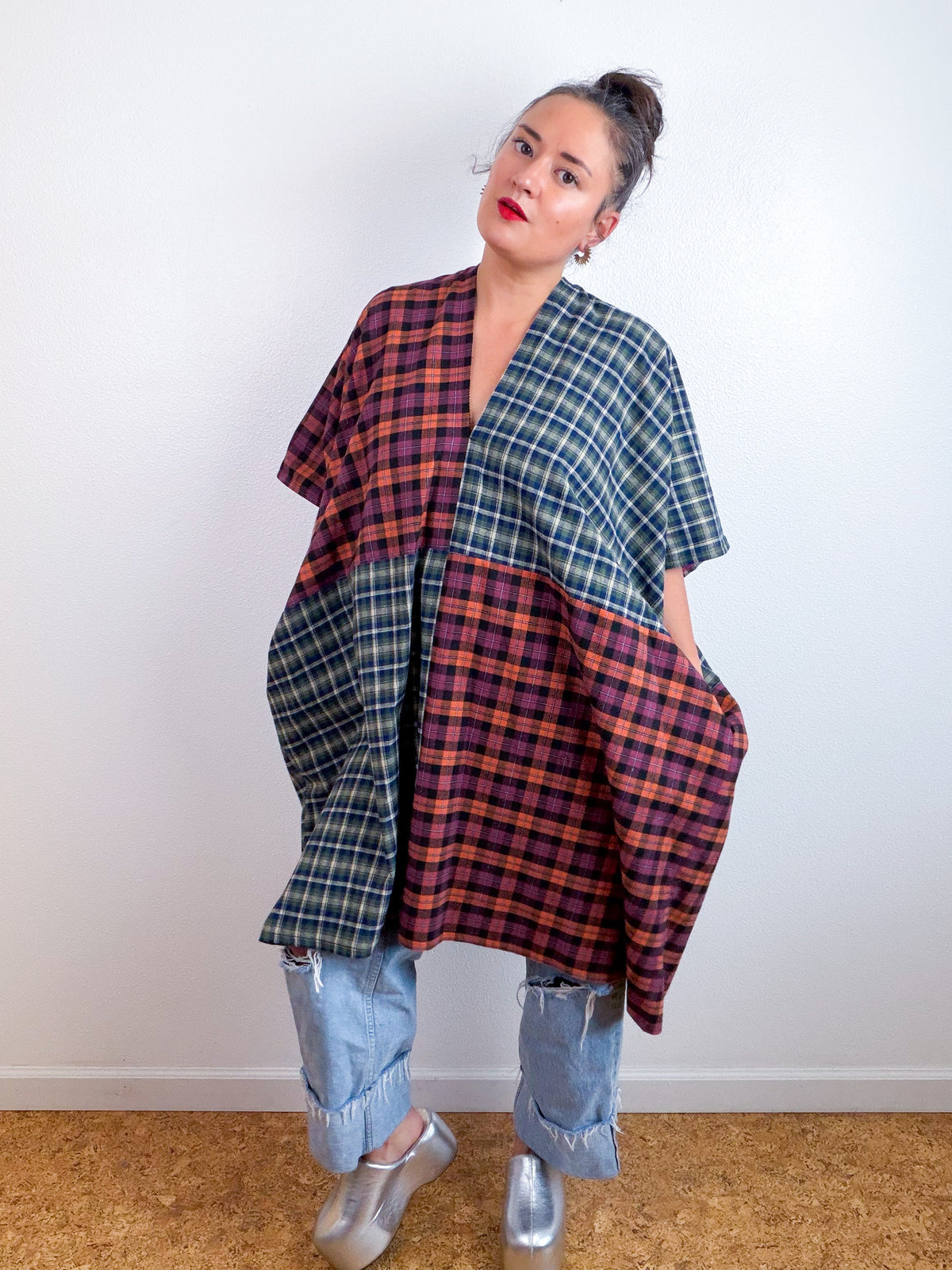 Plaid Flannel Caftan Dress Olive Rust