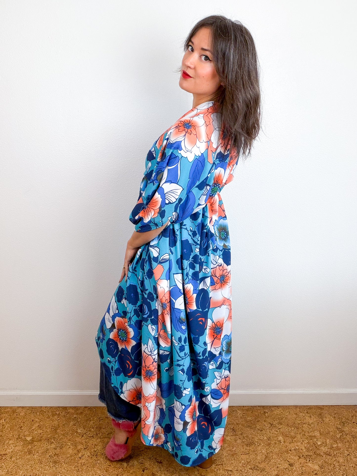 Print High Low Kimono Blue Peach Floral Bubble Crepe