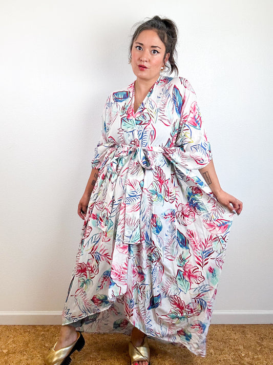 Print High Low Kimono White Rainbow Leaves Challis