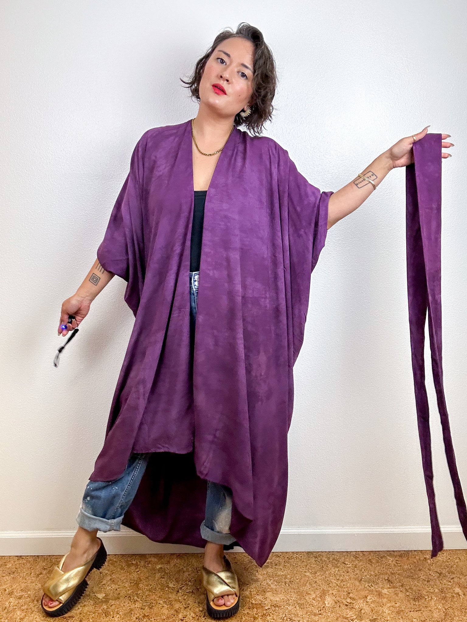 Hand-dyed High Low Kimono Plum