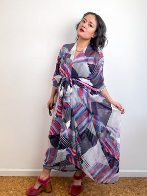 Print High Low Kimono Purple Geo Lines Chiffon