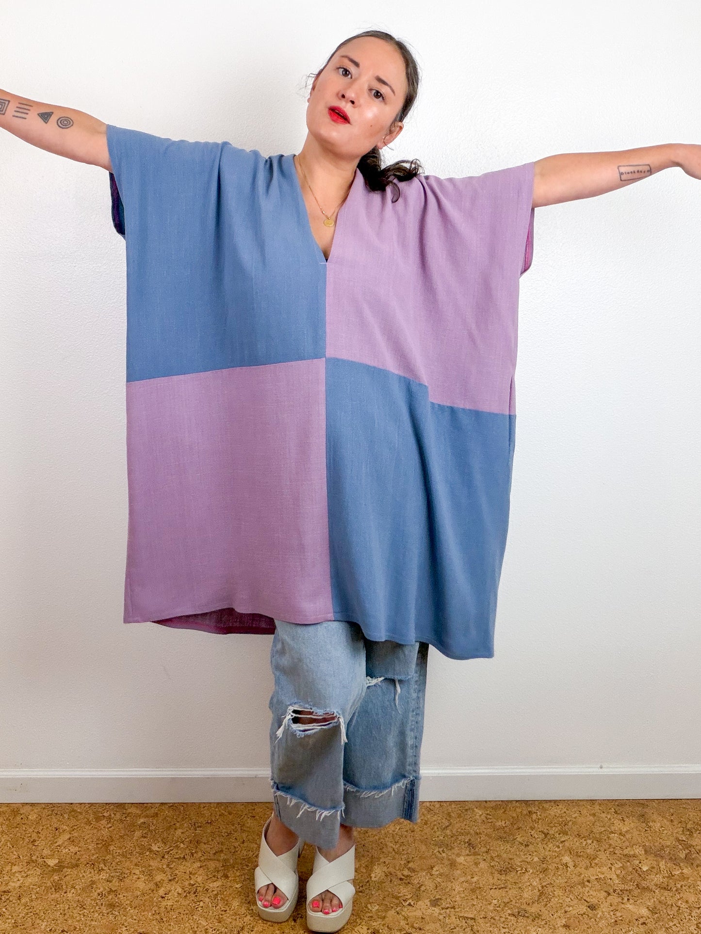 Linen Blend Caftan Dress Lavender Blue Color Block