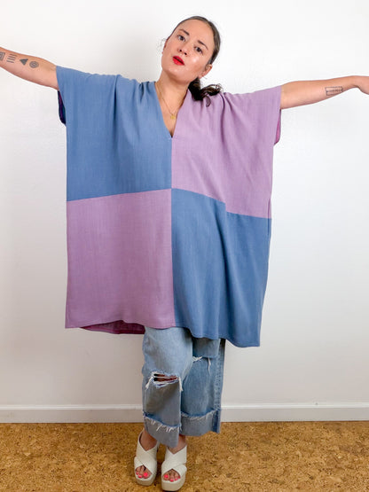 Linen Blend Caftan Dress Lavender Blue Color Block