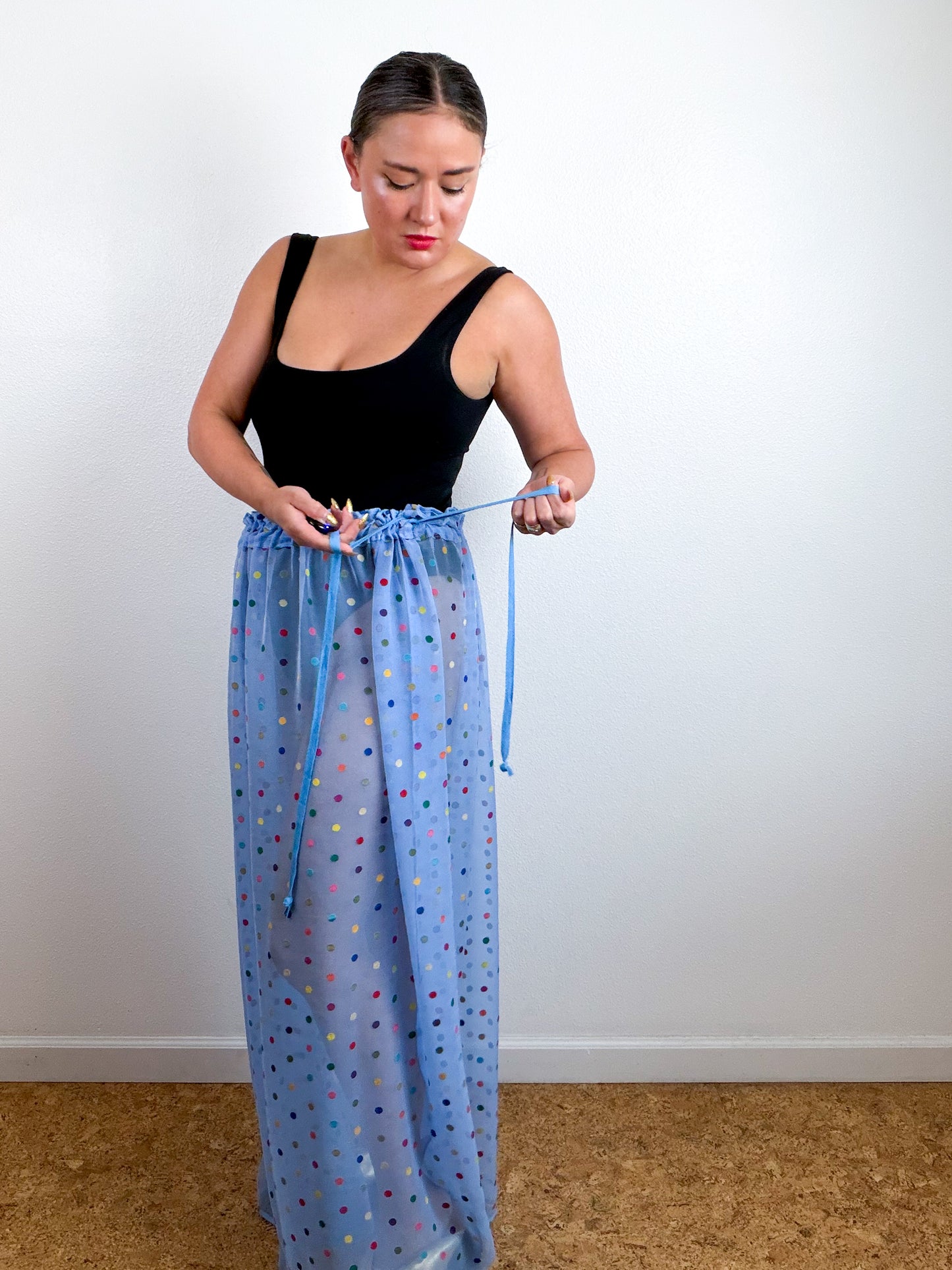 THE SKIRT Blue Rainbow Dots Silk Chiffon