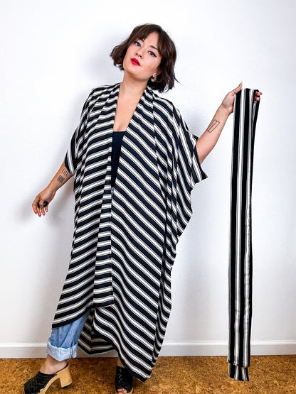 Print High Low Kimono Black White Tan Stripe Georgette