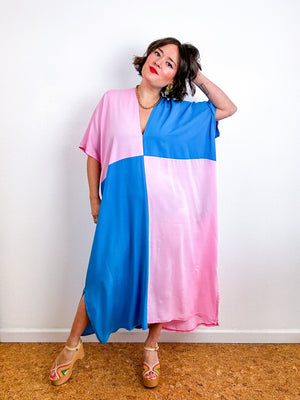 Color Block Midi Caftan Dress Turquoise Pink