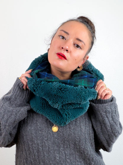 Faux Fur Cowl Scarf Teal Plaid