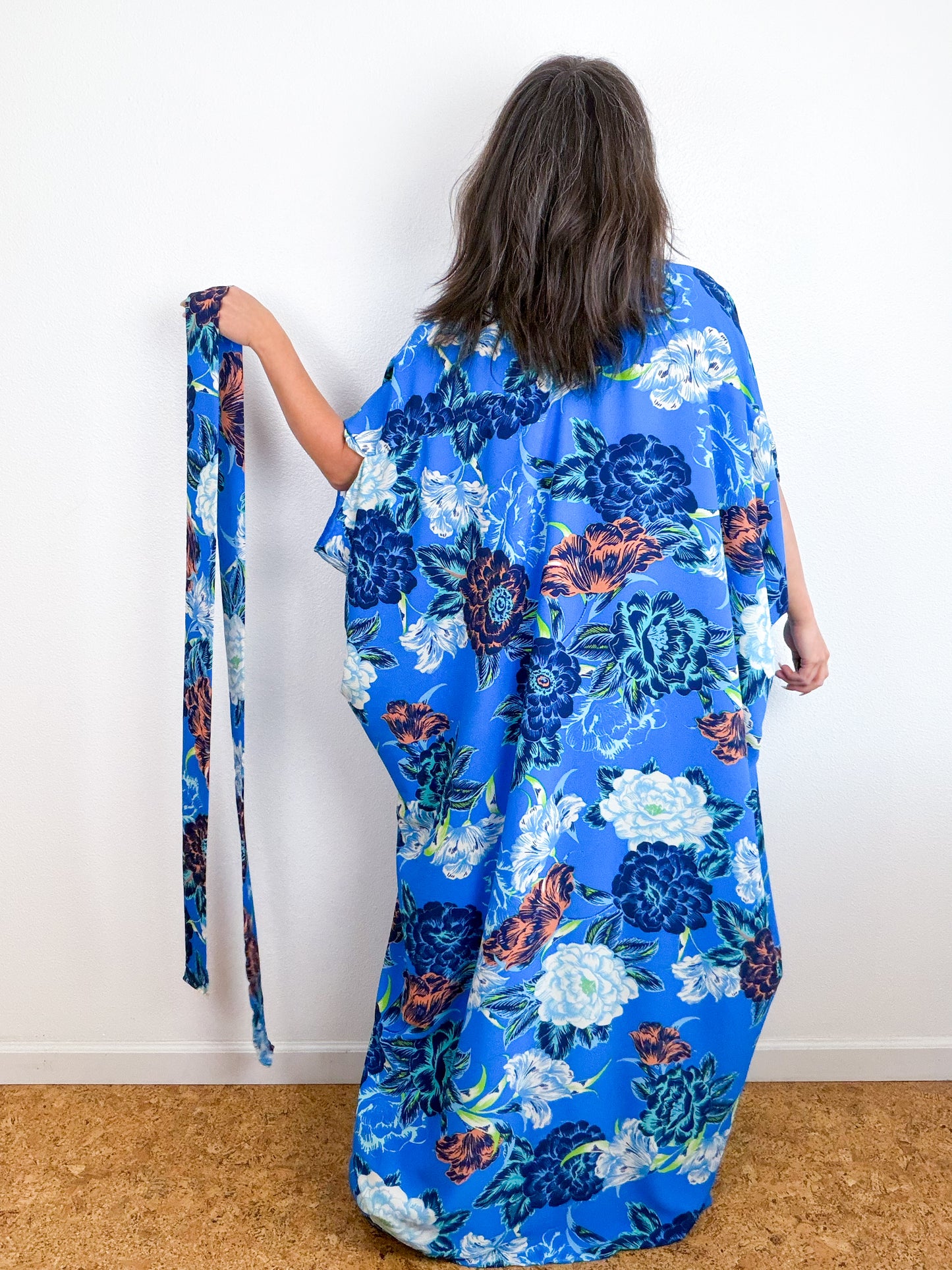 Print High Low Kimono Royal Blue Floral Bubble Crepe