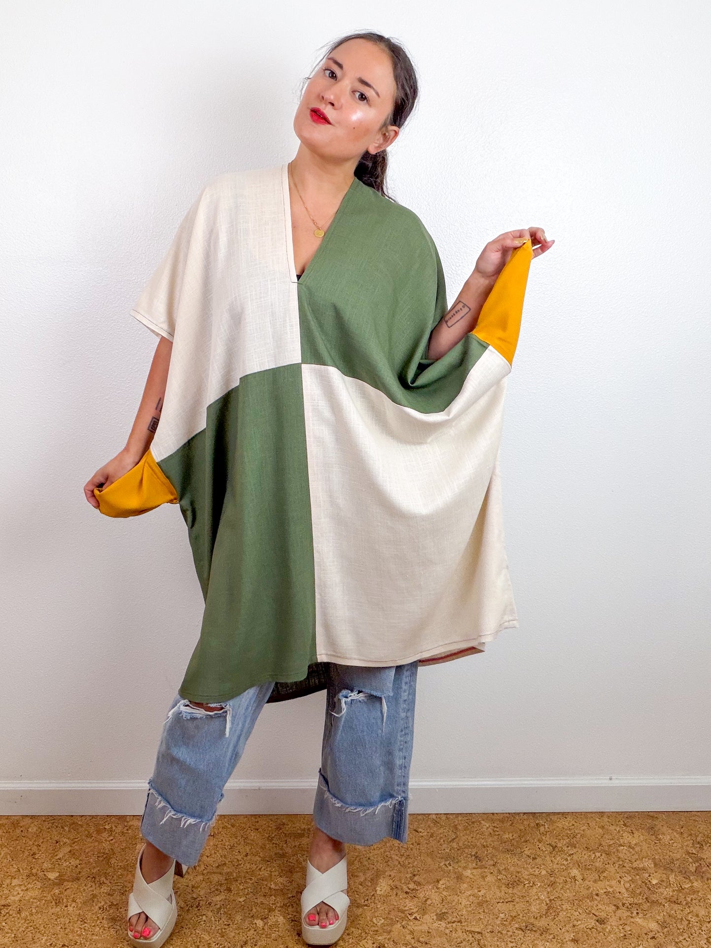 Linen Blend Caftan Dress Olive Ivory Color Block