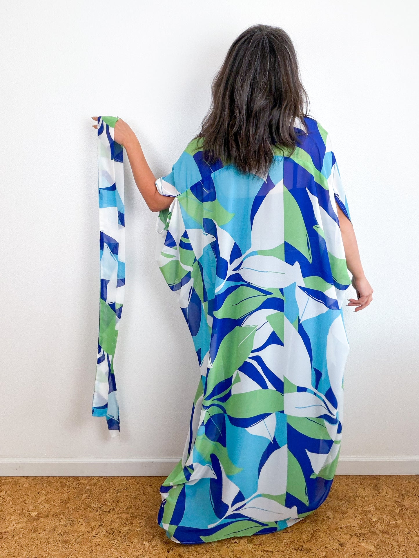 Print High Low Kimono Turquoise Green Large Leaves Chiffon