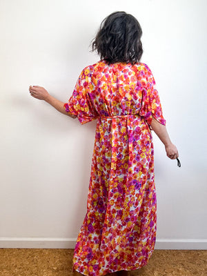 Print High Low Kimono Orange Pink Floral Chiffon