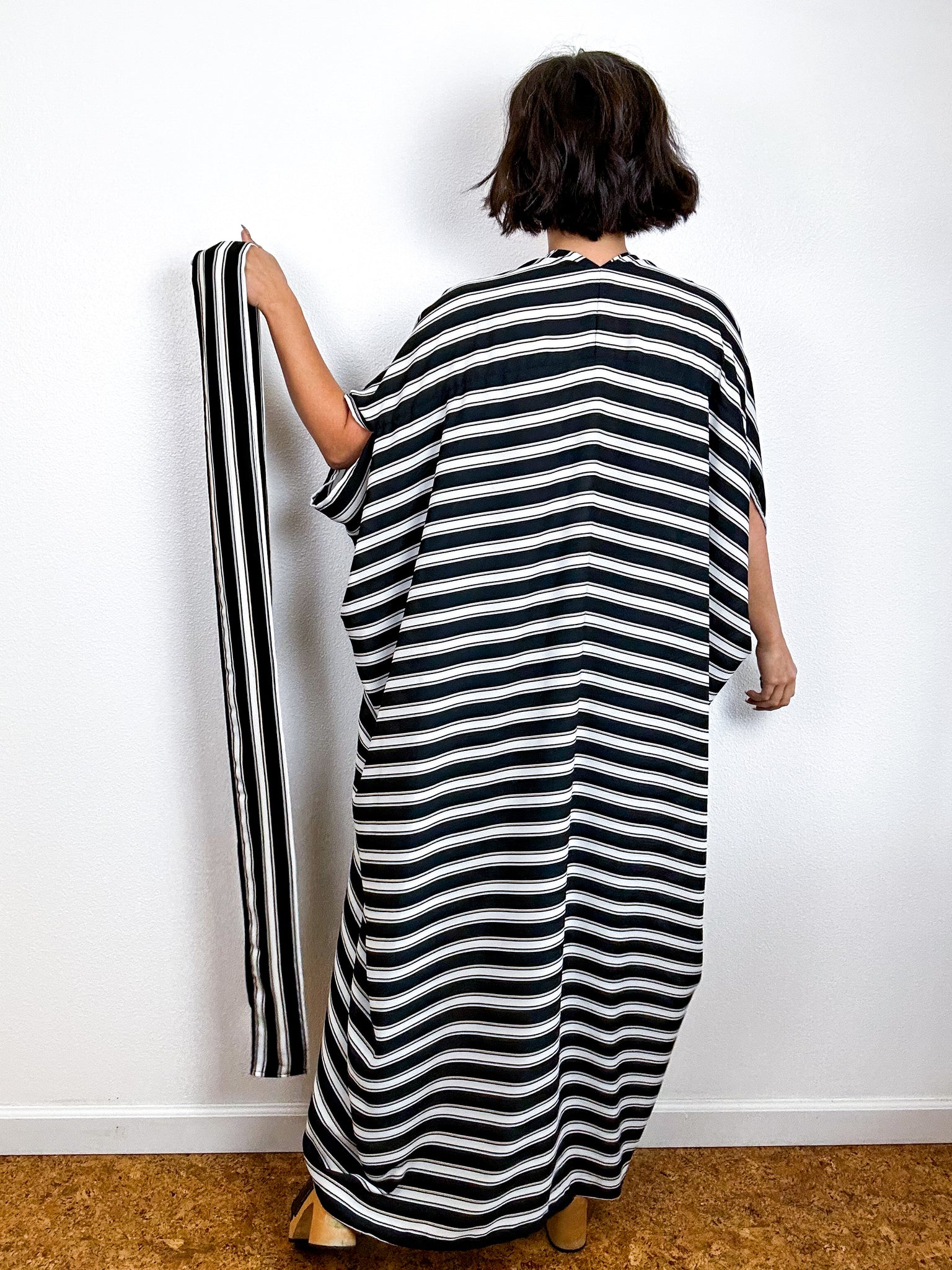 Print High Low Kimono Black White Tan Stripe Georgette