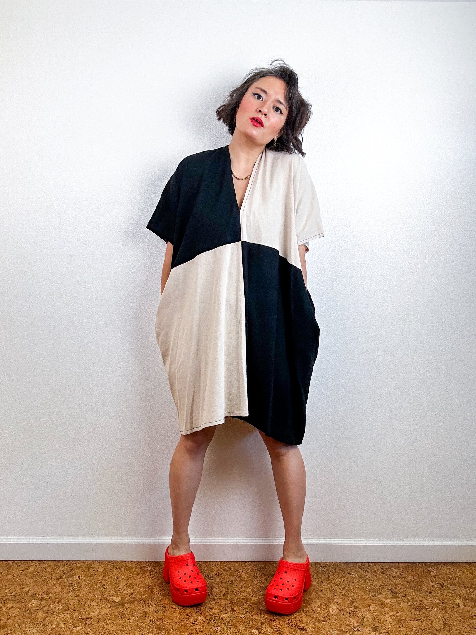 Oversized Color Block Linen Blend Smock Dress Black Ivory