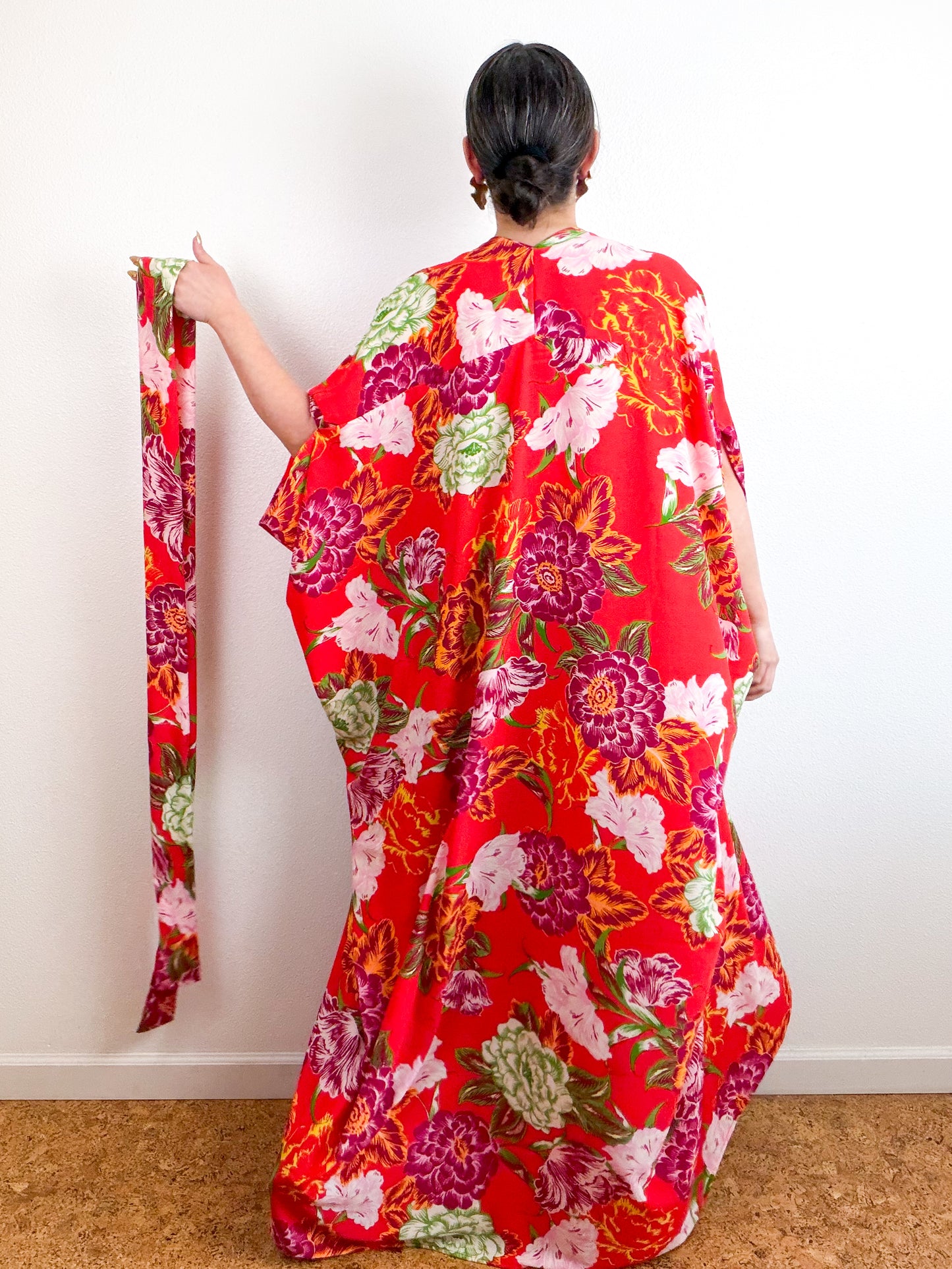 Print High Low Kimono Red Peony Bubble Crepe