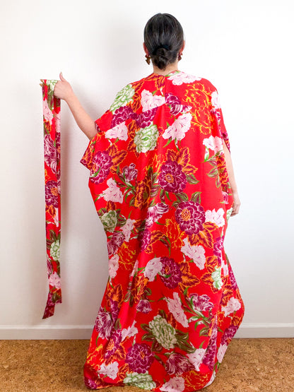 Print High Low Kimono Red Peony Bubble Crepe