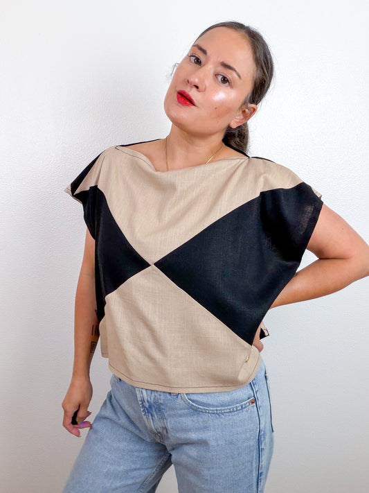 Linen Blend Flip Crop Black Tan