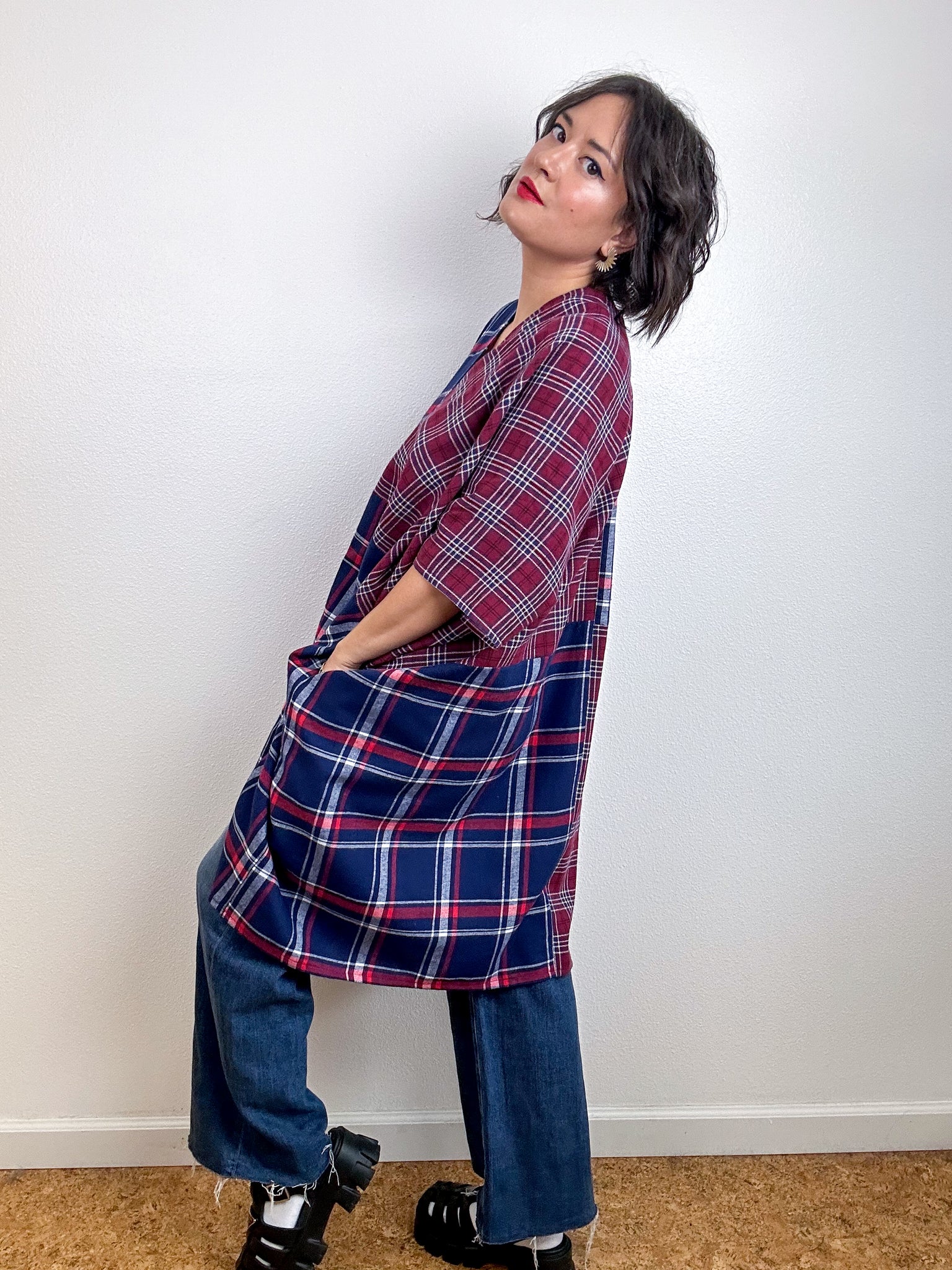 Oversized Patchwork Plaid Smock Dress Navy Maroon