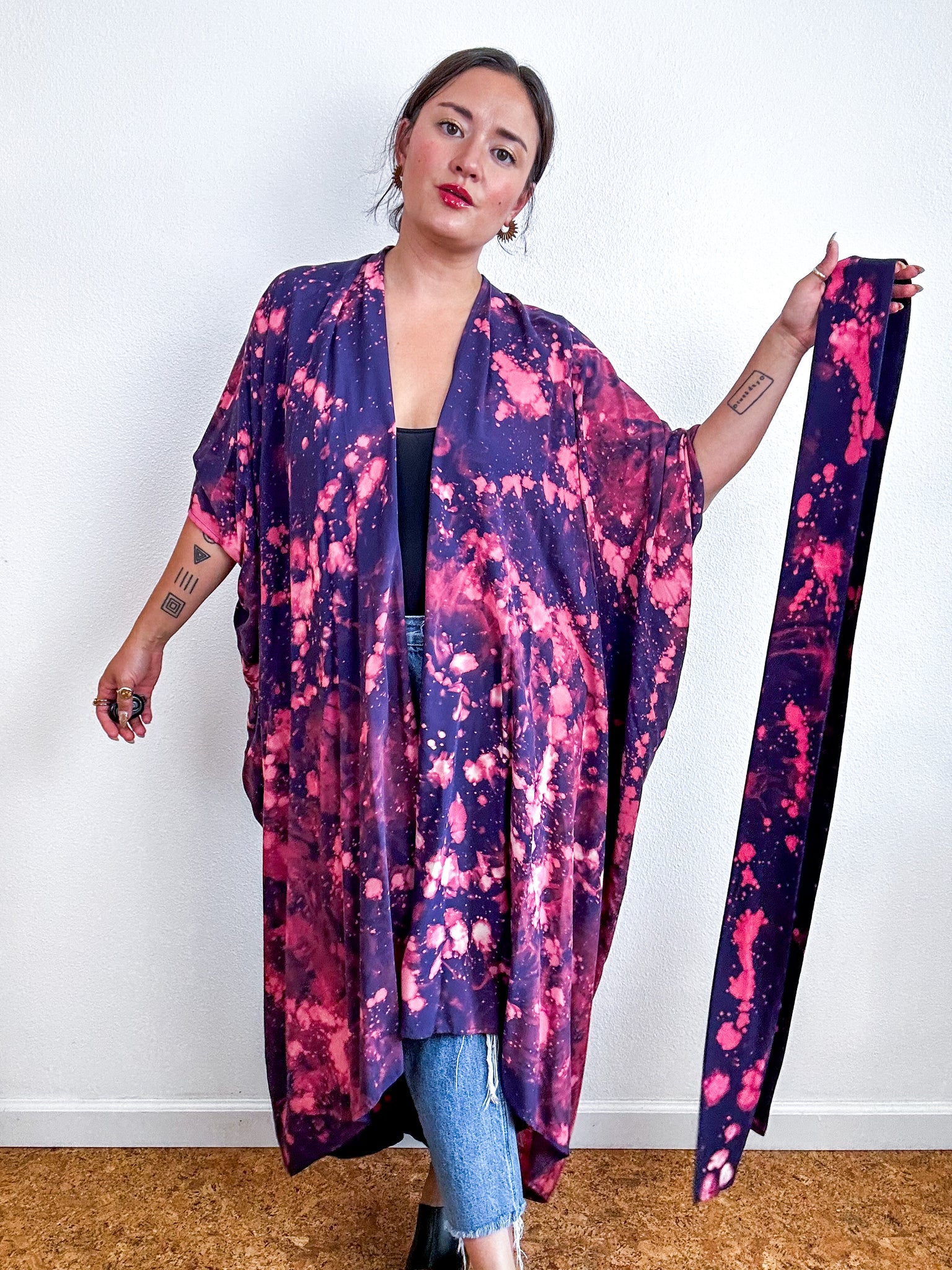 Bleached High Low Kimono Navy Peach Speckle