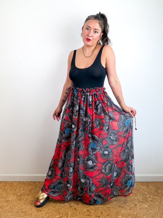 THE SKIRT Red Poppy Black Floral Reversible Chiffon