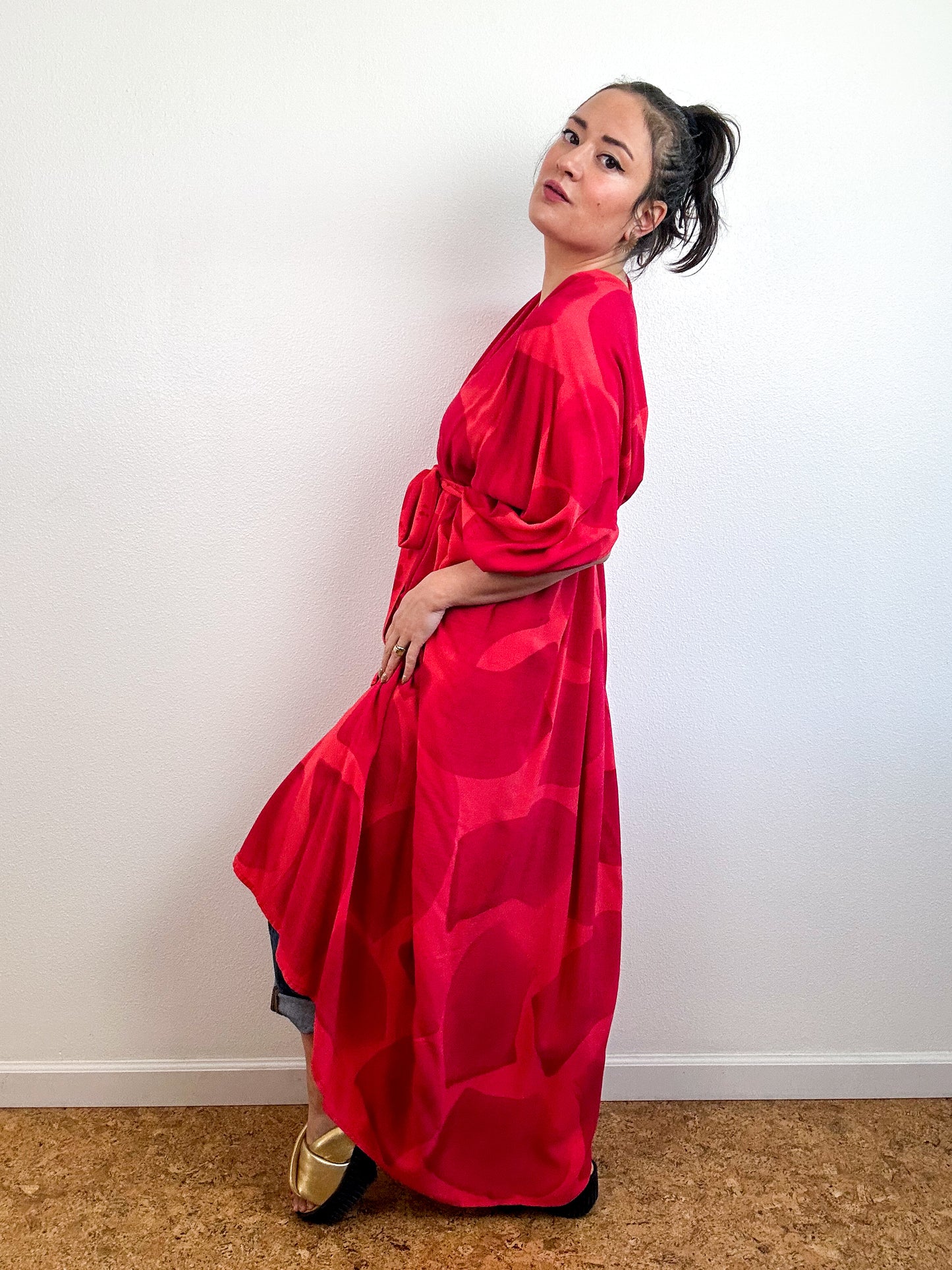 Hand-Dyed High Low Kimono Coral Fuchsia Brush