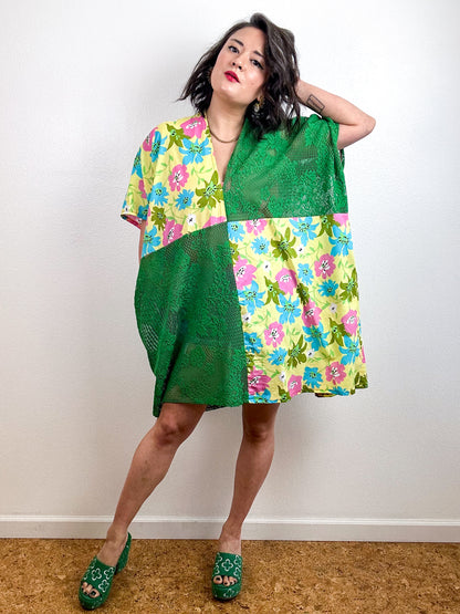 Color Block Mini Caftan Dress Green Lace Yellow Floral