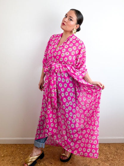 Print High Low Kimono Hot Pink Daisy Chiffon