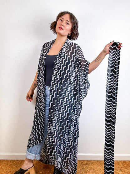 Print High Low Kimono Black White Zig Zag Chiffon