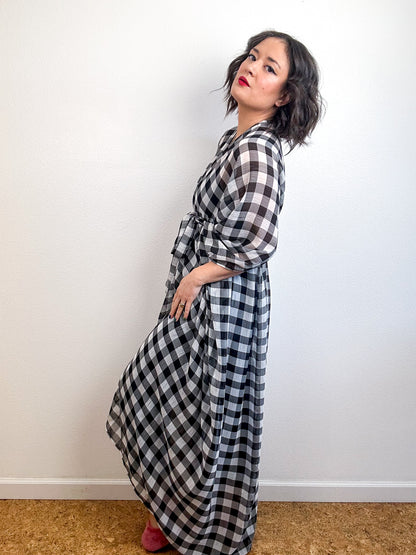 Print High Low Kimono Black Grey Check Chiffon