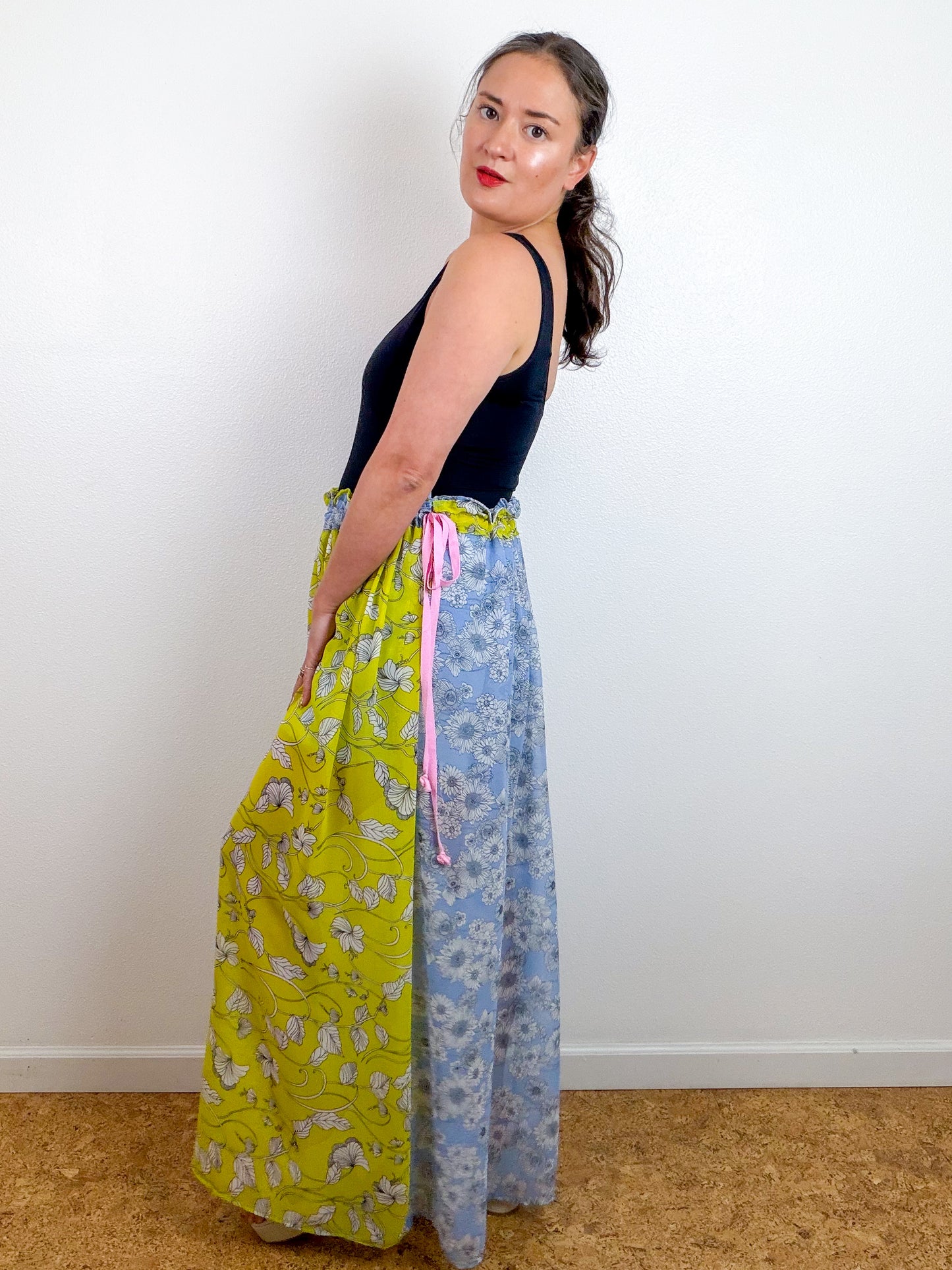 THE SKIRT Light Blue Lemon Yellow Floral Reversible Chiffon