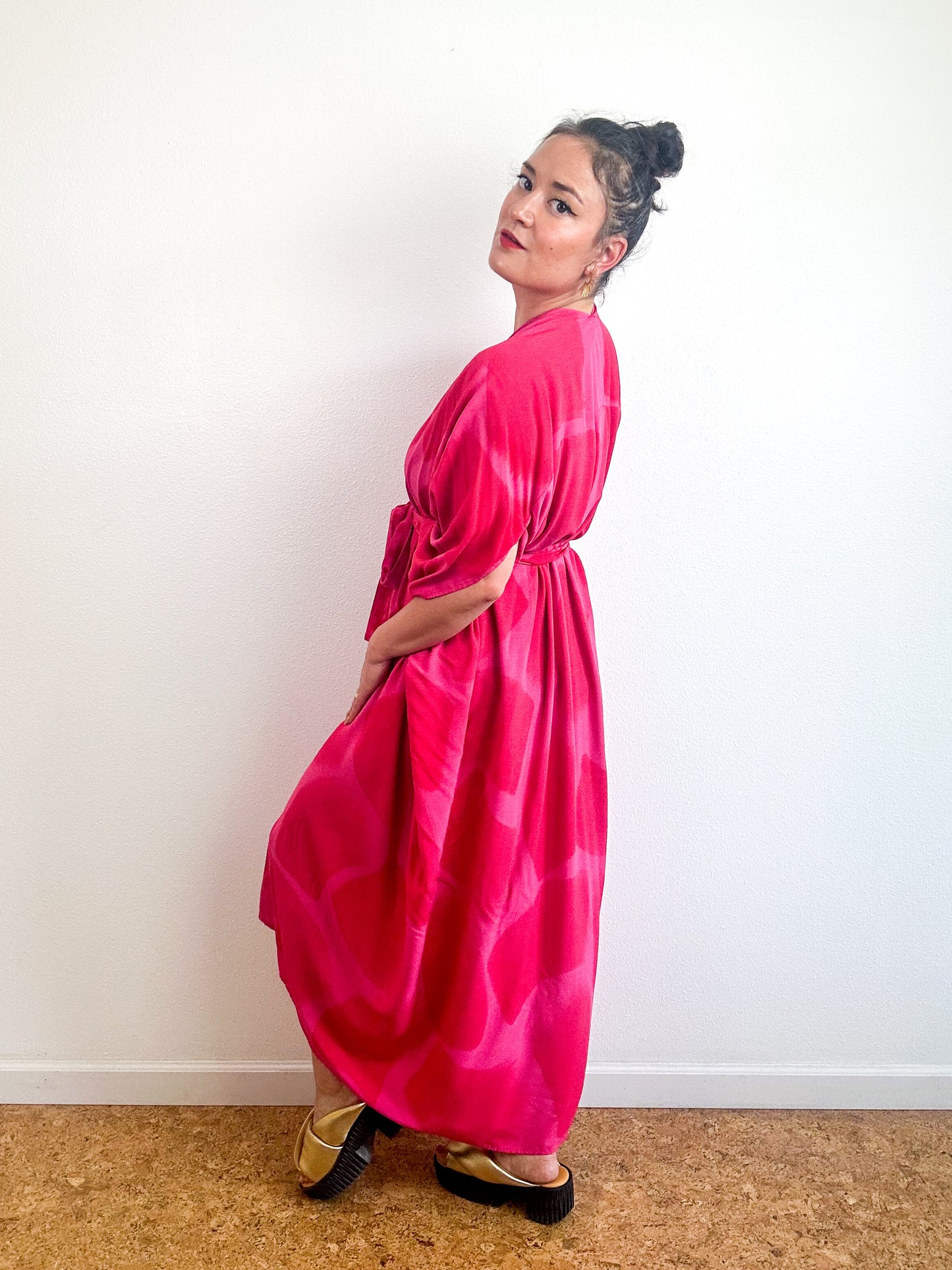 Hand-Dyed High Low Kimono Fuchsia Scarlet Brush