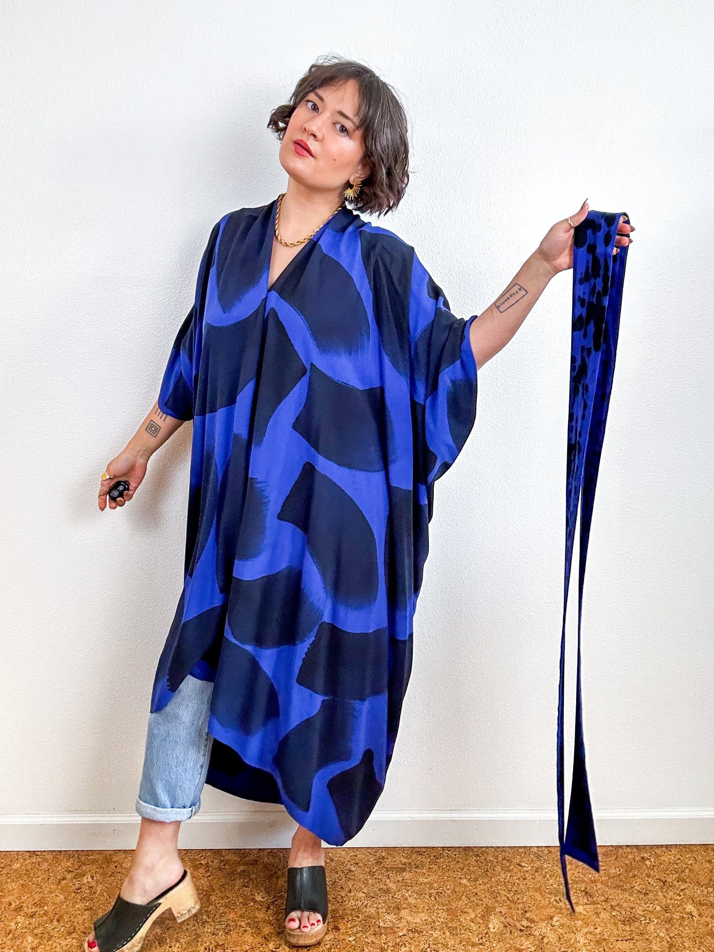Hand-Dyed High Low Kimono Royal Black Brush
