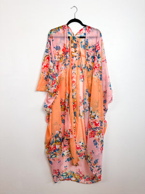 Print High Low Kimono Peach Floral Chiffon