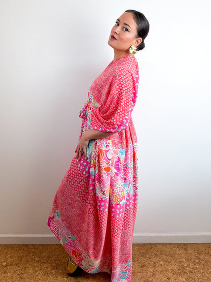 Print High Low Kimono Coral Pebble Bubble Crepe