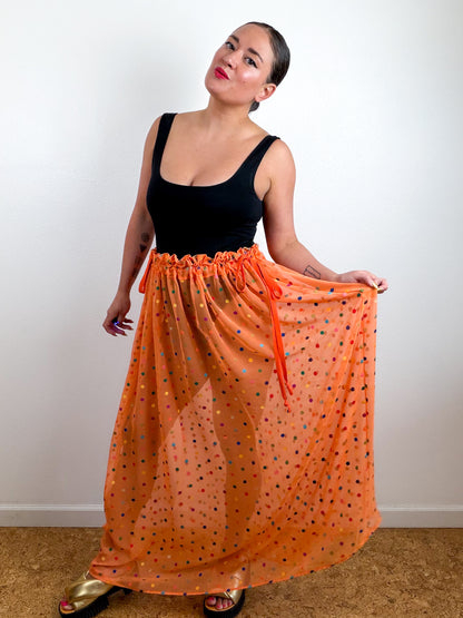 THE SKIRT Orange Rainbow Dots Silk Chiffon