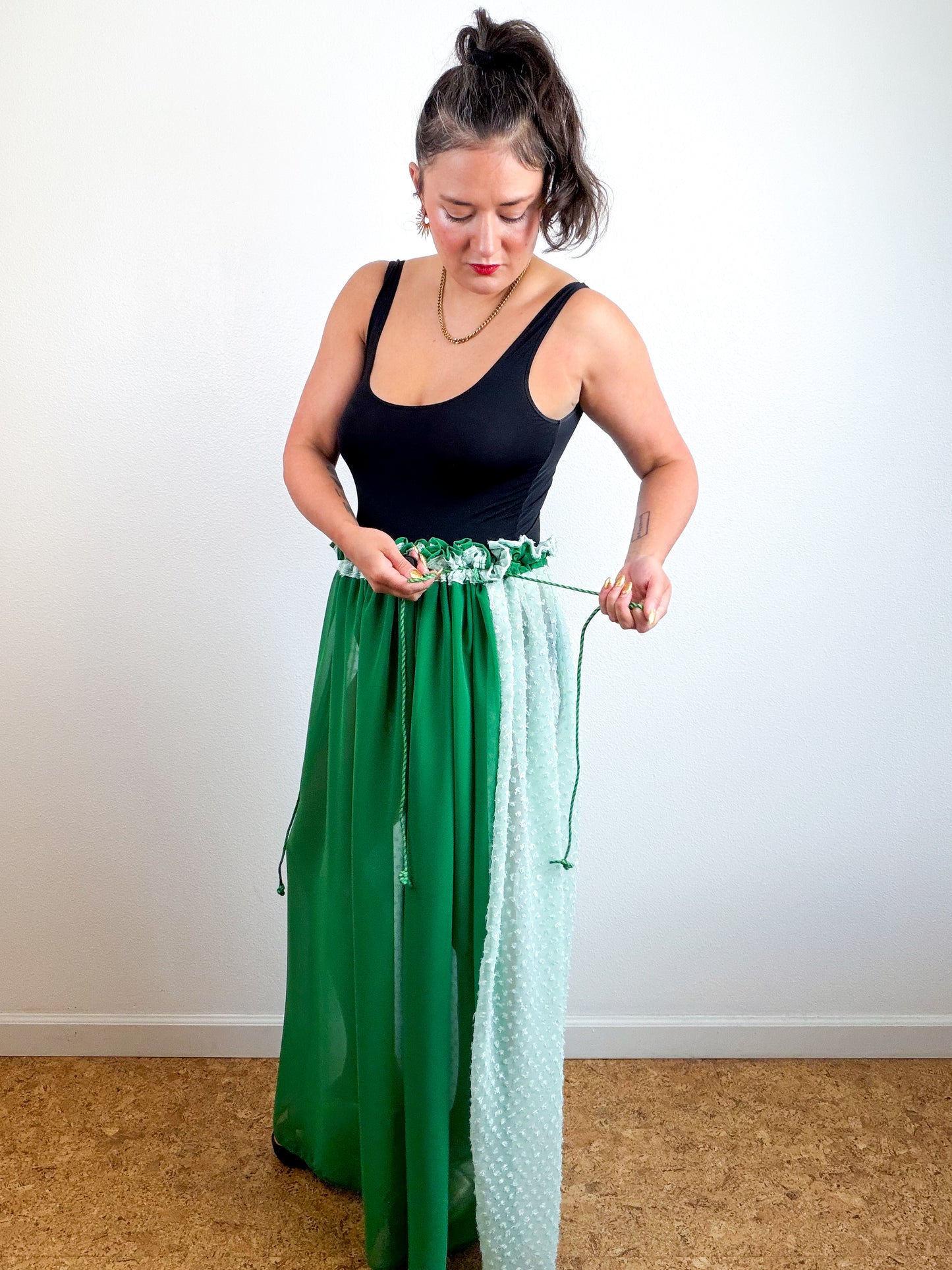 THE SKIRT Green Mint Dots Reversible Chiffon