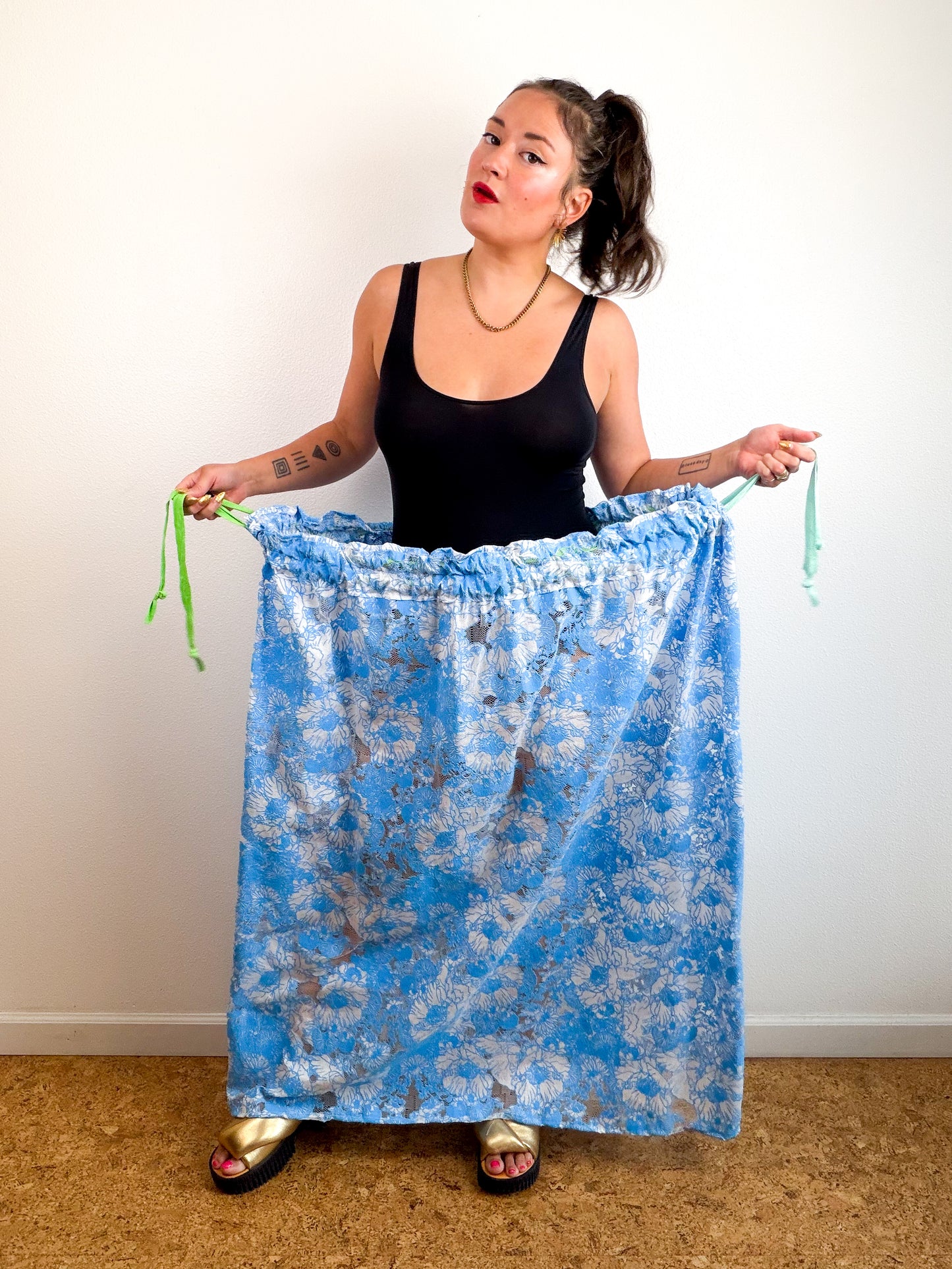 THE SKIRT Turquoise Floral Mesh Lace