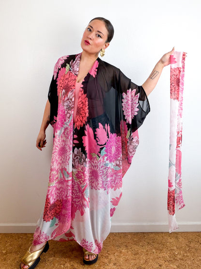 Print High Low Kimono Black Pink Dhalia Chiffon