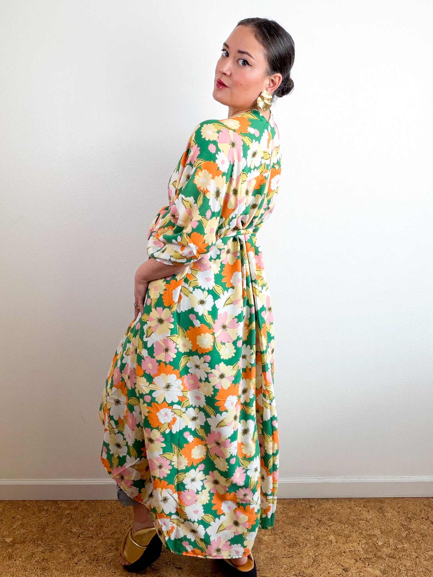 Print High Low Kimono Green Orange Floral Crinkle Challis