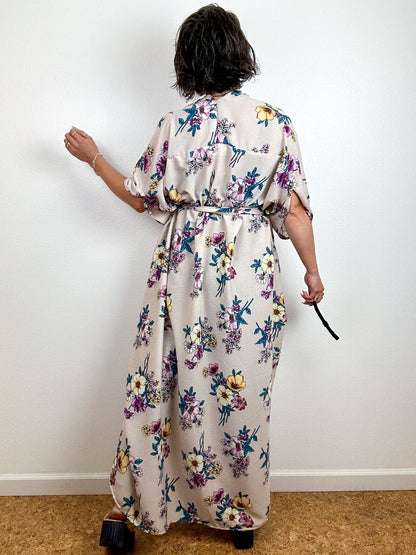 Print High Low Kimono Blush Bouquet Rayon Crepe