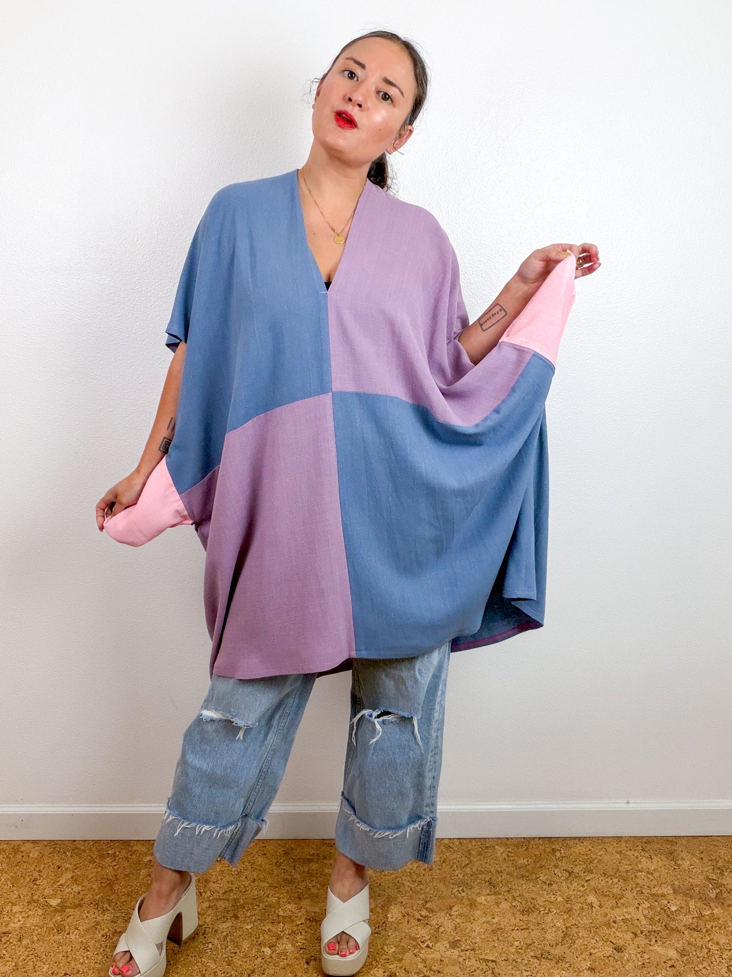 Linen Blend Caftan Dress Lavender Blue Color Block
