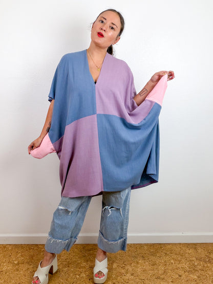 Linen Blend Caftan Dress Lavender Blue Color Block
