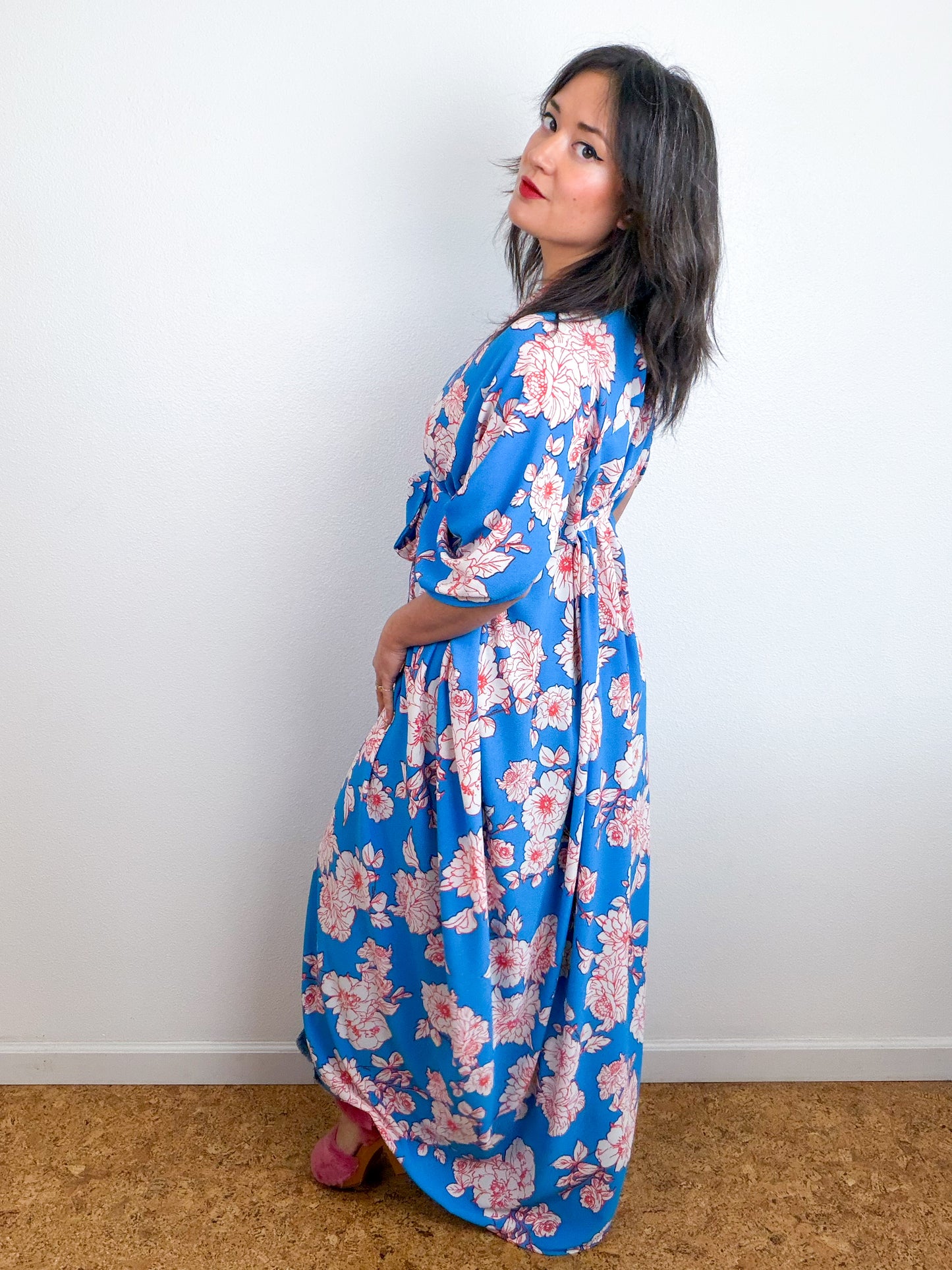 Print High Low Kimono Turquoise Orange Floral Bubble Crepe