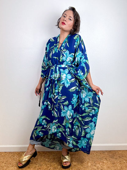 Print High Low Kimono Navy Aqua Floral Chiffon