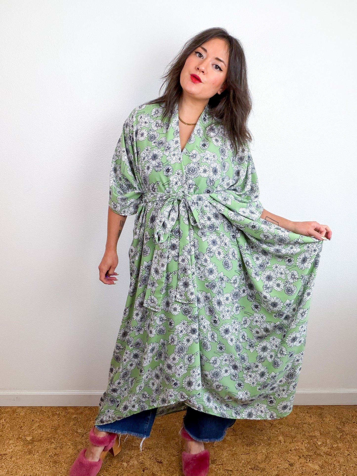 Print High Low Kimono Key Lime Floral Georgette